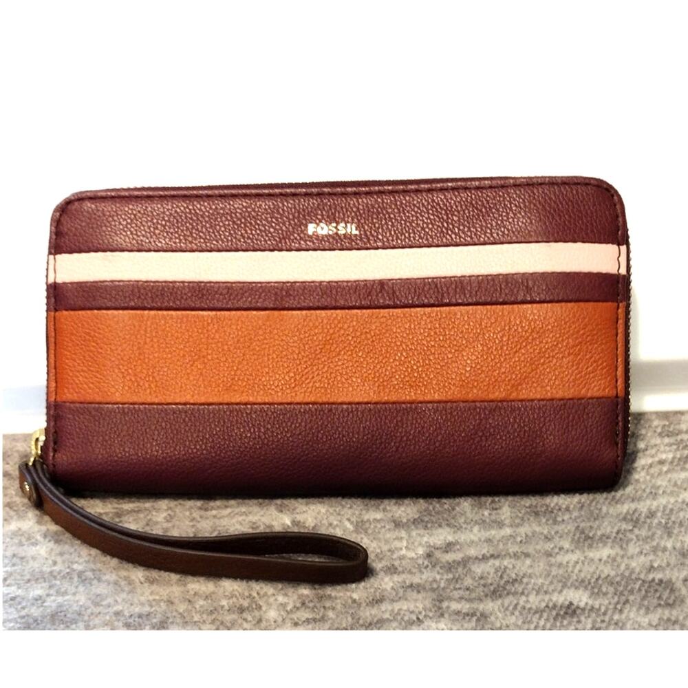 NWT Fossil Jori Zip Clutch Wallet RFID Leather Burgundy Pink Stripe